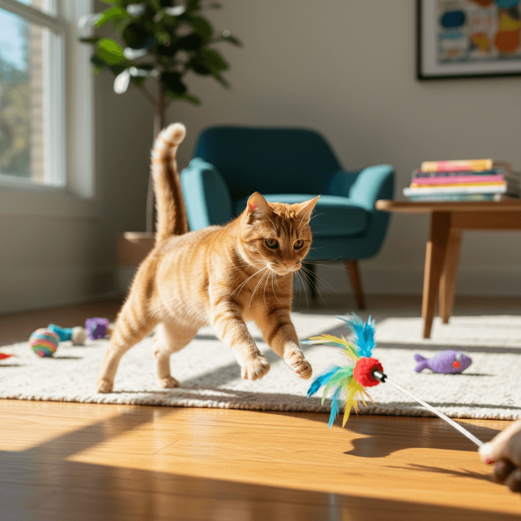 Gato jugando activamente en casa