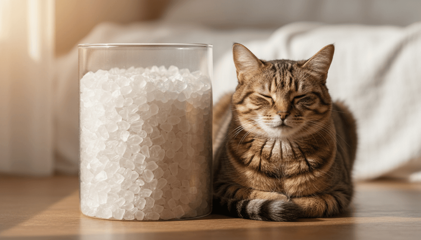 Cristales sanitarios para gatos en contenedor transparente con gato contento